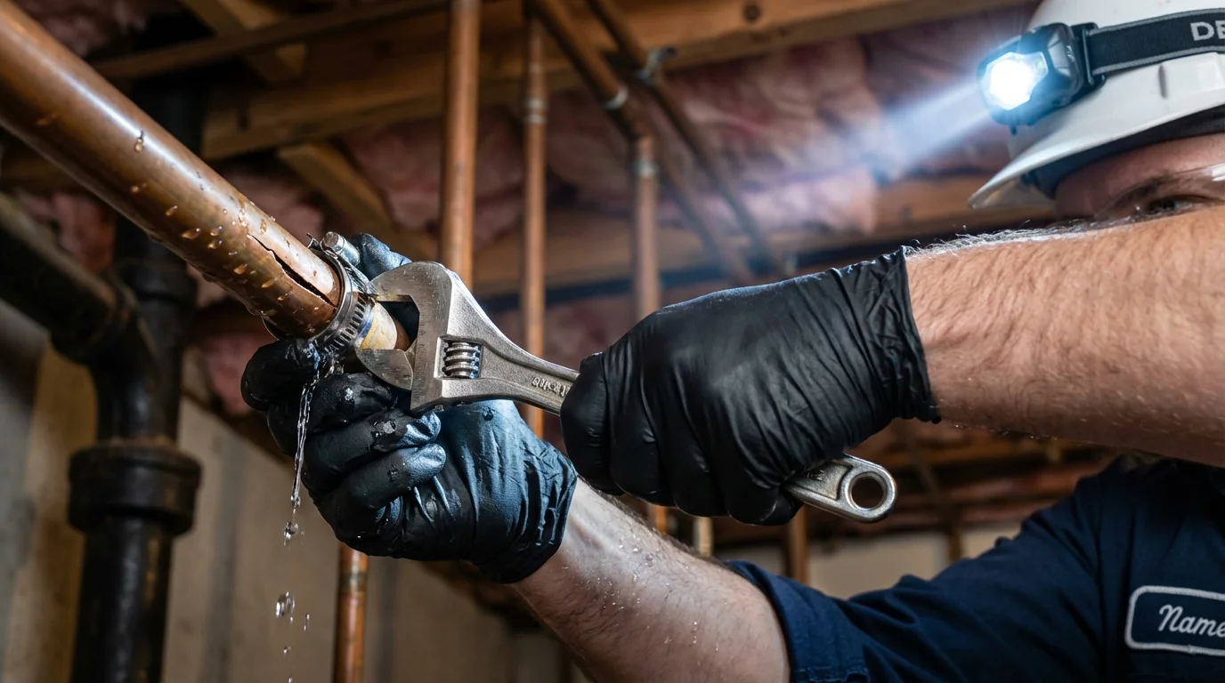 Emergency pipe clamp repair being performed by a Johns Plumbing LLC plumber in Coosada