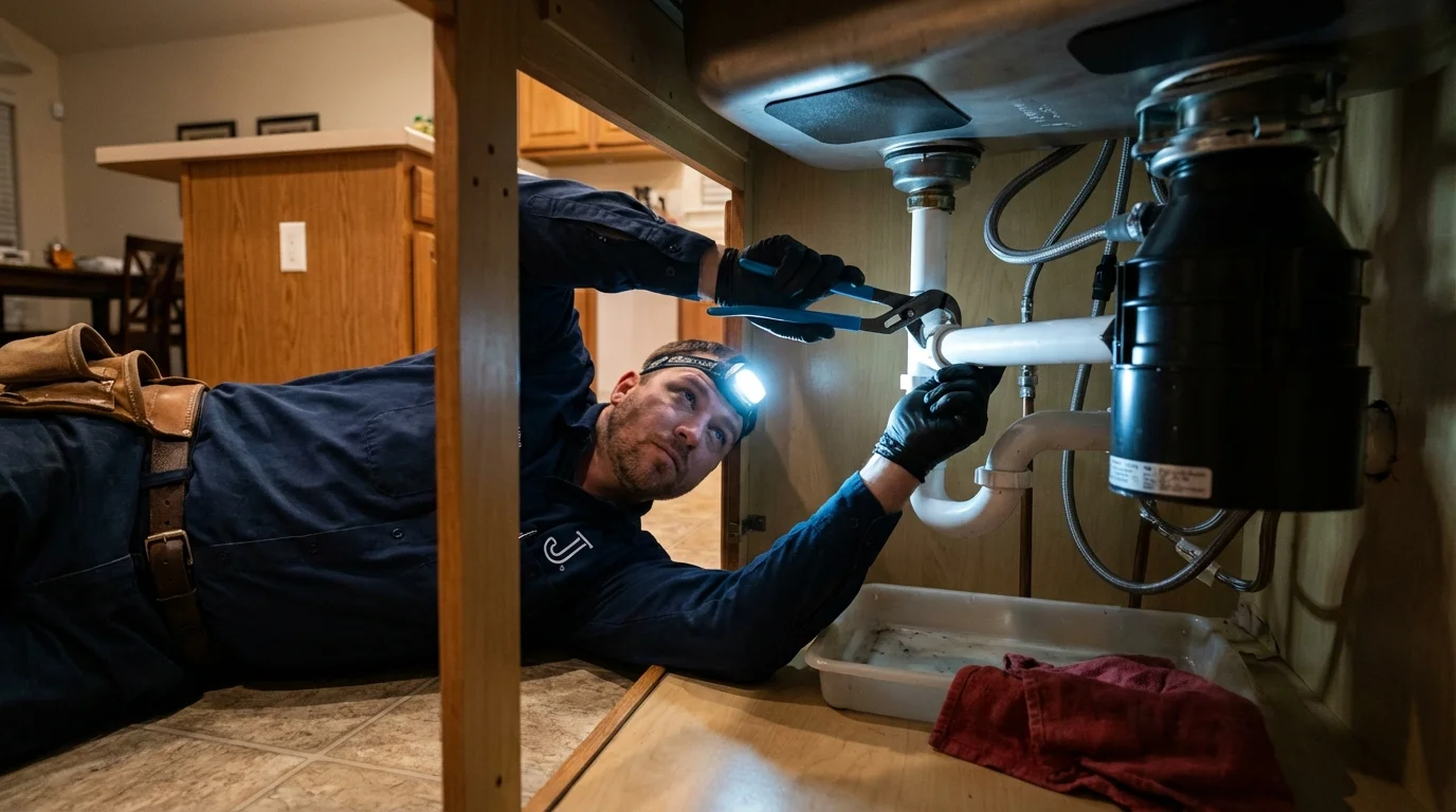 P-trap and supply line connections under a kitchen sink showing a common leak point in Coosada, AL